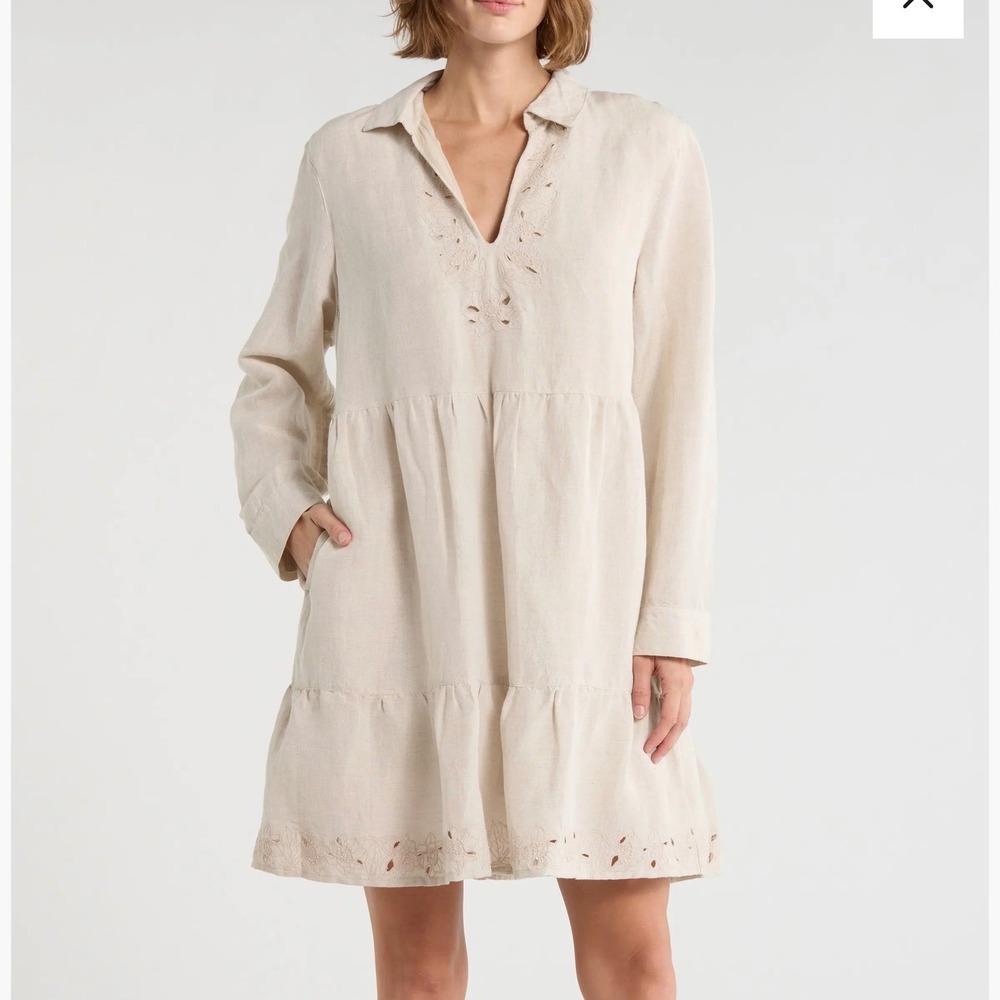 Tommy Bahama St‎ Lucia Linen Blend Eyelet Tiered Shift Dress Womens Large Beige